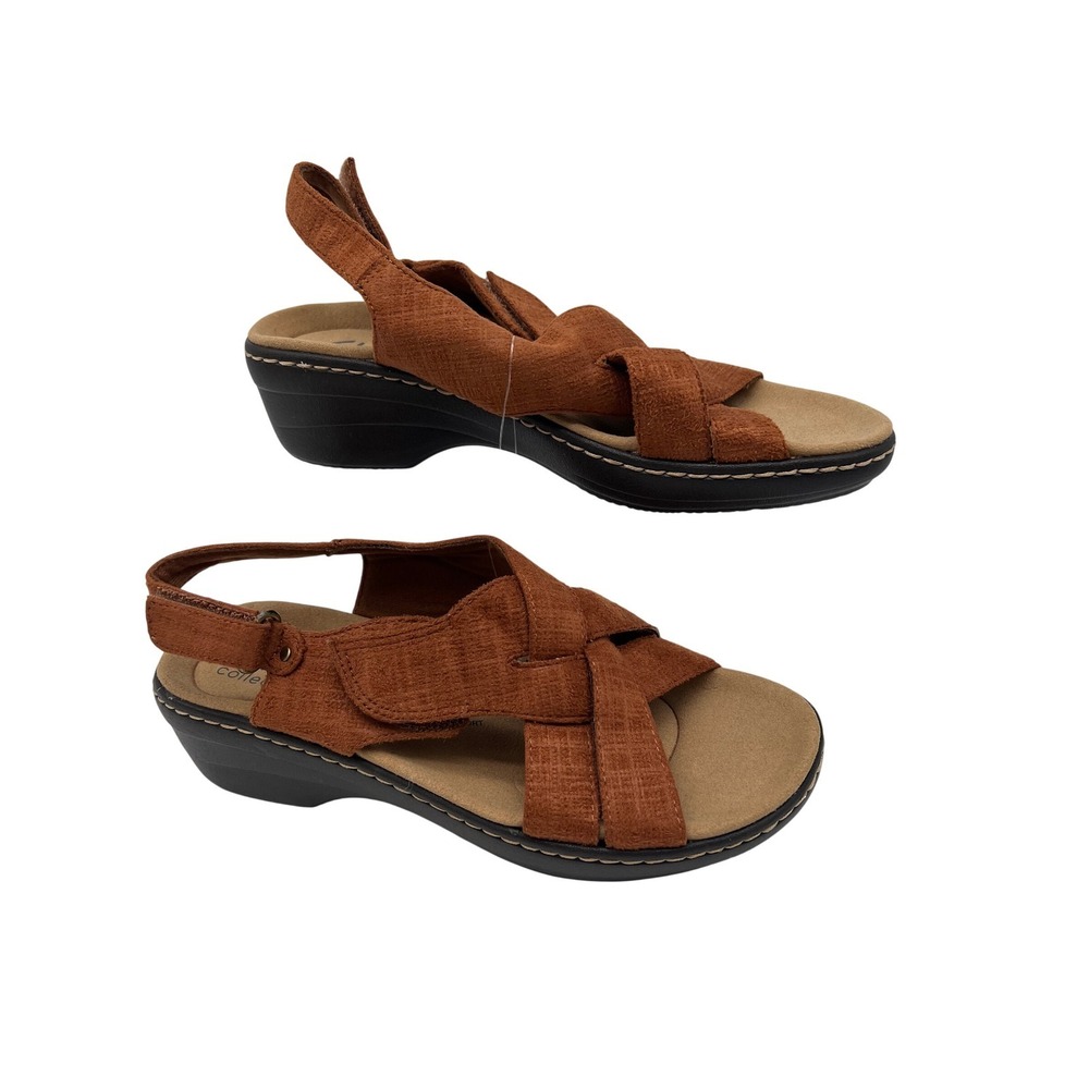 Clarks Merliah Echo Sandals Women 6.5 M Tan Interest Wedge Slingback Textile NEW